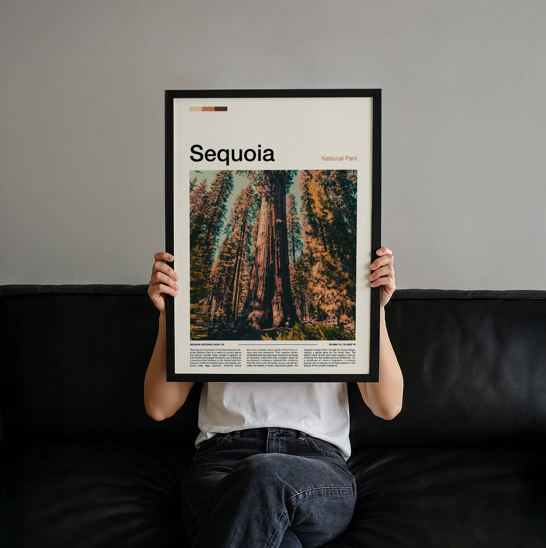 Sequoia Giant Redwood Trees Travel Print held up by hand to show the size of the print