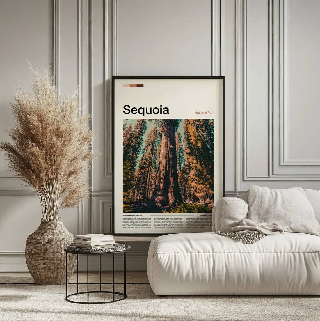 Sequoia Giant Redwood Trees Travel Print framed on the wall of a calm, neutral bedroom