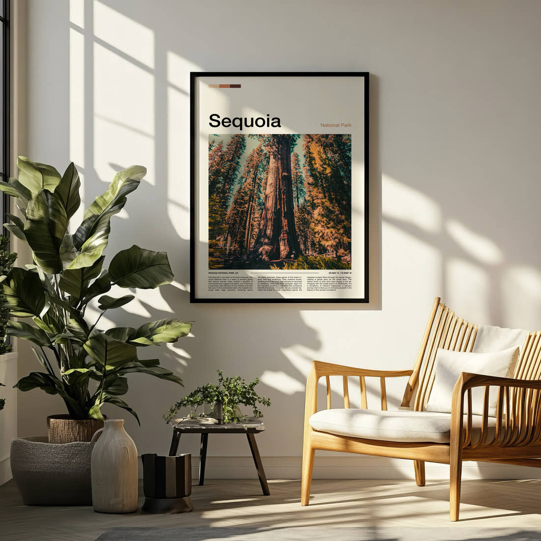 Sequoia Giant Redwood Trees Travel Print framed on a pale wall beside houseplants
