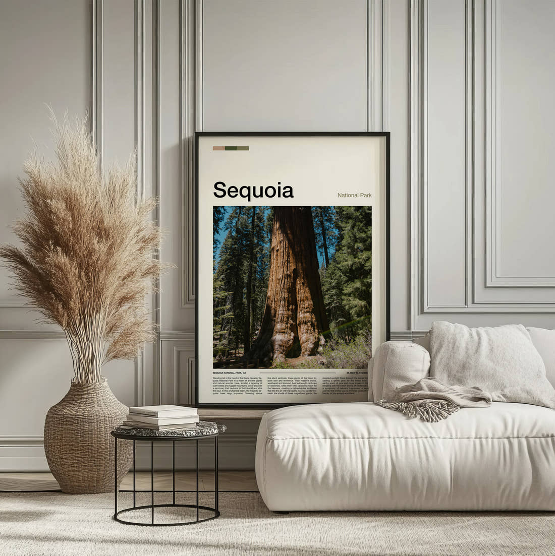 Sequoia Giant Redwood Trunk Travel Print framed on the wall of a calm, neutral bedroom