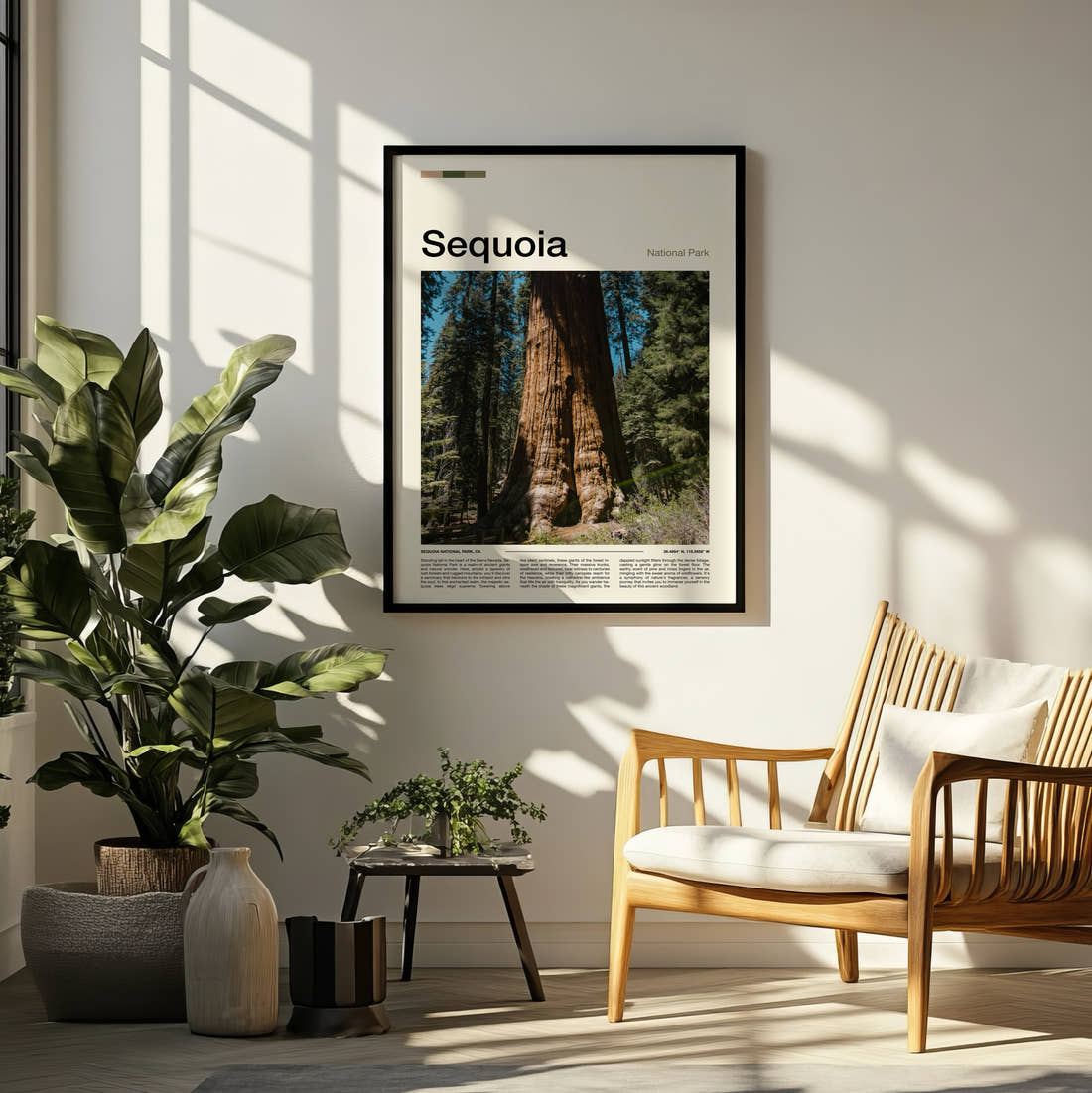 Sequoia Giant Redwood Trunk Travel Print framed on a pale wall beside houseplants