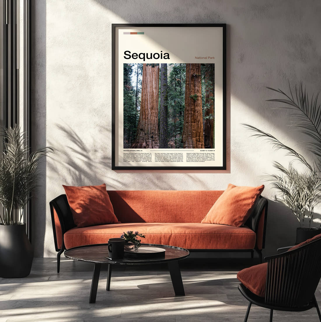 Sequoia Towering Tree Trunks Travel Print framed on the wall of a modern living room
