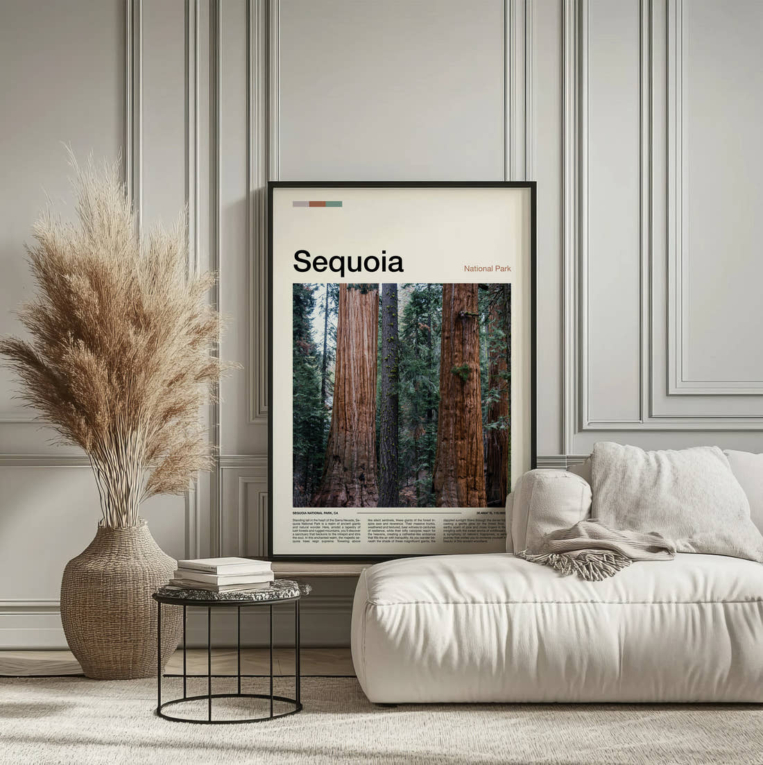 Sequoia Towering Tree Trunks Travel Print framed on the wall of a calm, neutral bedroom