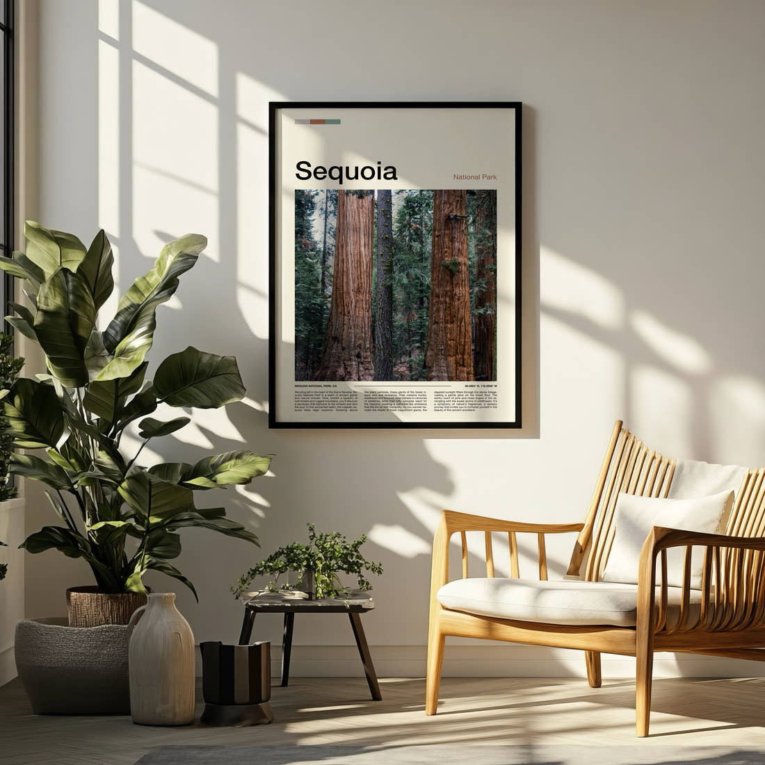 Sequoia Towering Tree Trunks Travel Print framed on a pale wall beside houseplants