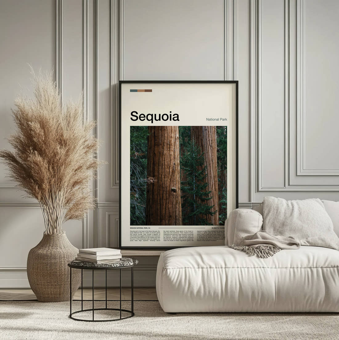 Sequoia Redwood Forest Travel Print framed on the wall of a calm, neutral bedroom