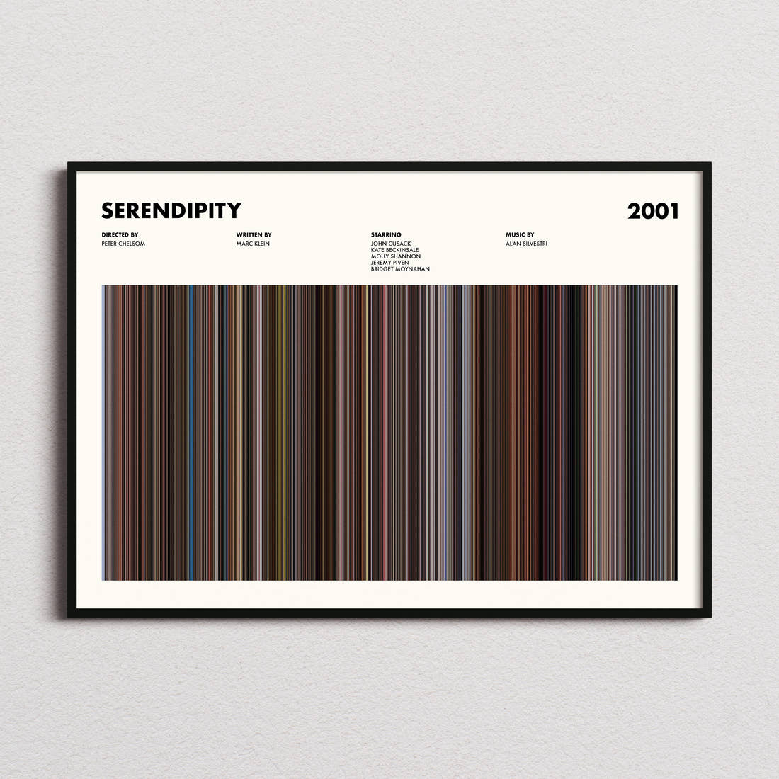 Serendipity Movie Barcode Poster framed and photographed straight on