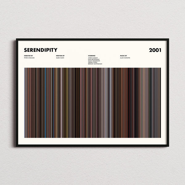 Serendipity Movie Barcode Poster framed and photographed straight on
