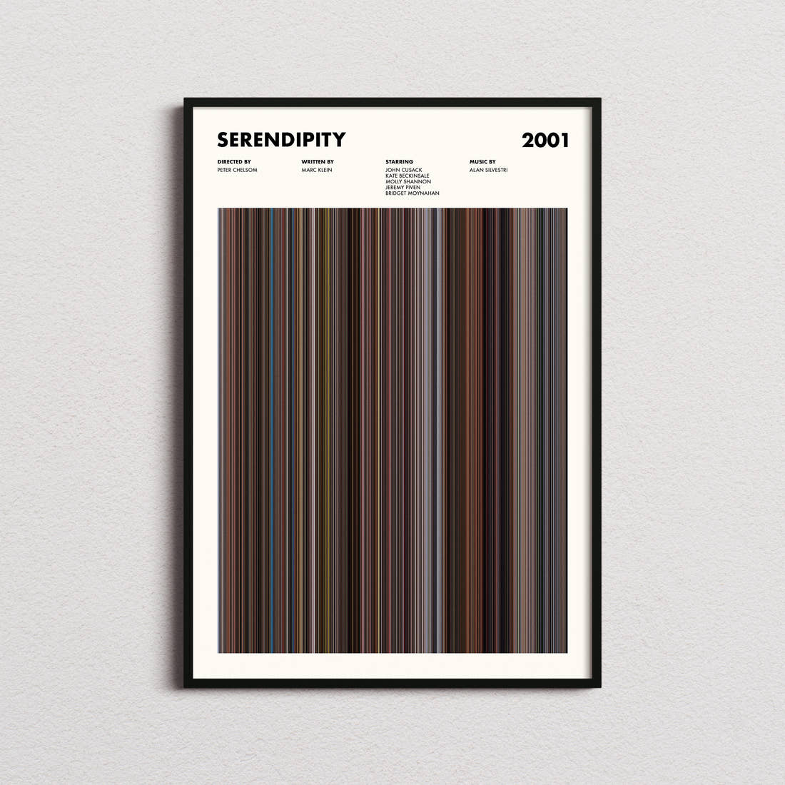 Serendipity Movie Barcode Poster framed on a plain studio wall