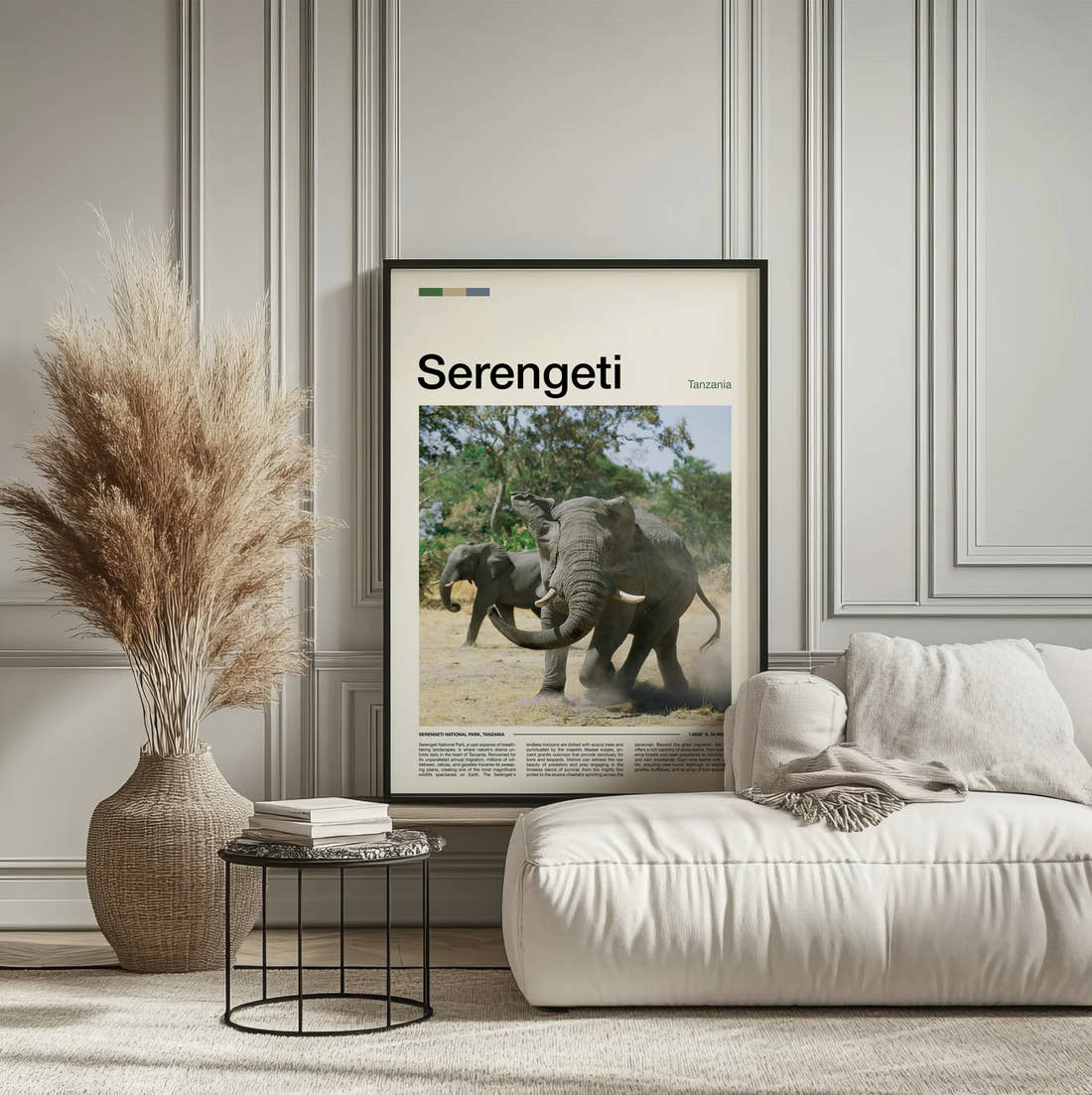 Serengeti Elephants Sparring Travel Print framed on the wall of a calm, neutral bedroom