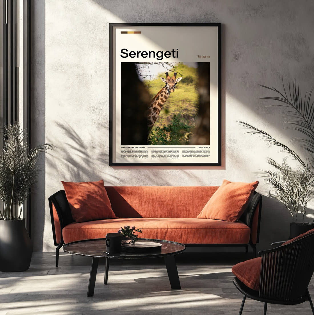 Serengeti Giraffe Travel Print framed on the wall of a modern living room