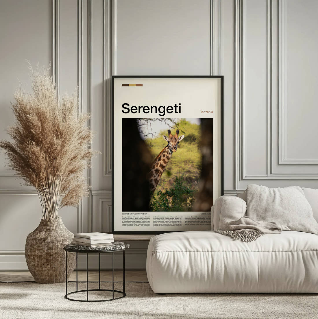 Serengeti Giraffe Travel Print framed on the wall of a calm, neutral bedroom