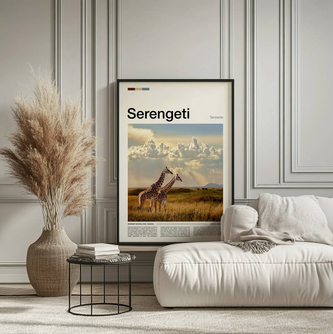 Serengeti Giraffe On The Plains Travel Print framed on the wall of a calm, neutral bedroom