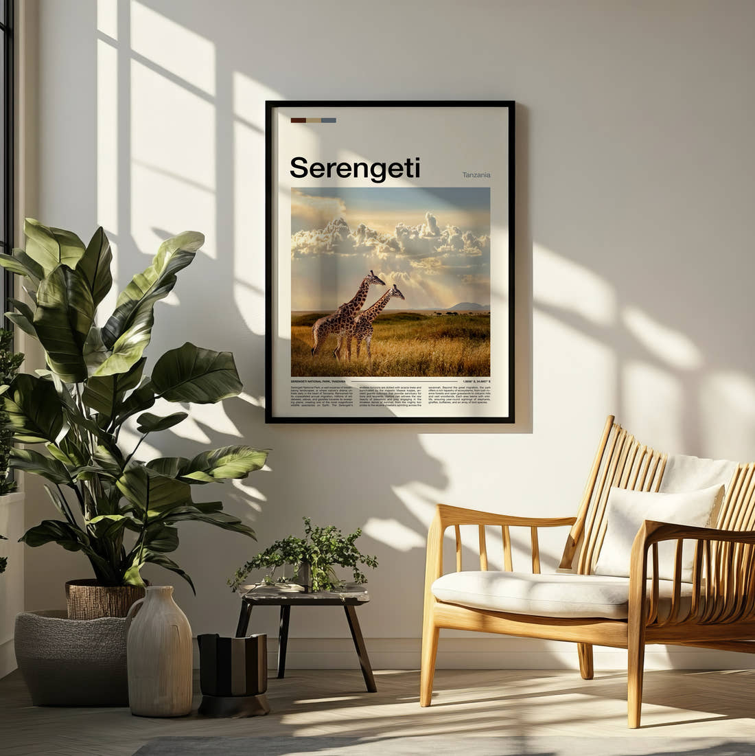 Serengeti Giraffe On The Plains Travel Print framed on a pale wall beside houseplants
