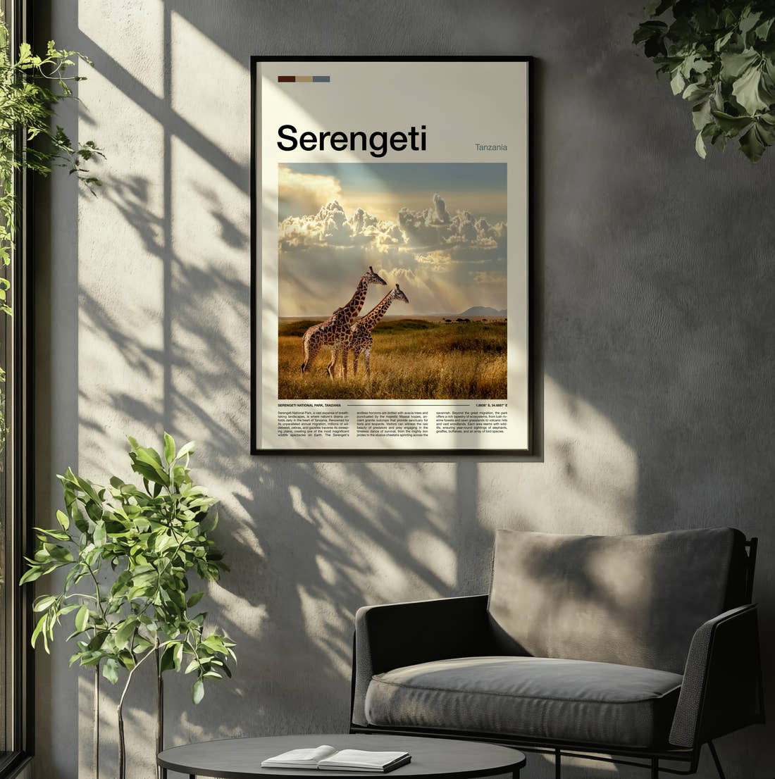 Serengeti Giraffe On The Plains Travel Print framed on the wall of a relaxed living room