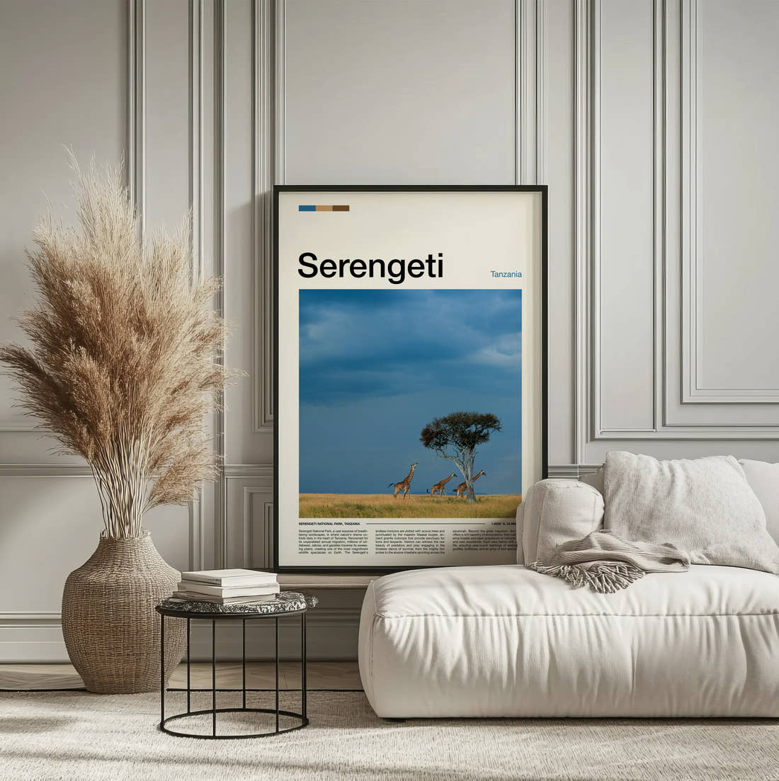 Serengeti Giraffes And Acacia Tree Travel Print framed on the wall of a calm, neutral bedroom