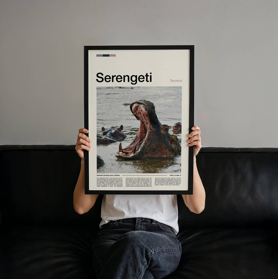 Serengeti Hippo Yawning Travel Print held up by hand to show the size of the print