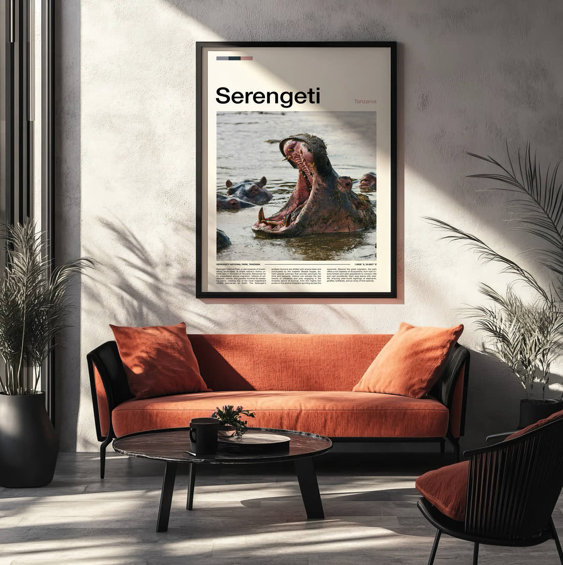 Serengeti Hippo Yawning Travel Print framed on the wall of a modern living room