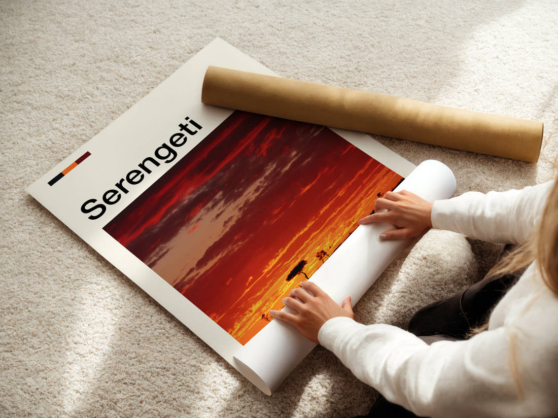 Serengeti Sunset Over The Plains Travel Print being unrolled from its postal tube