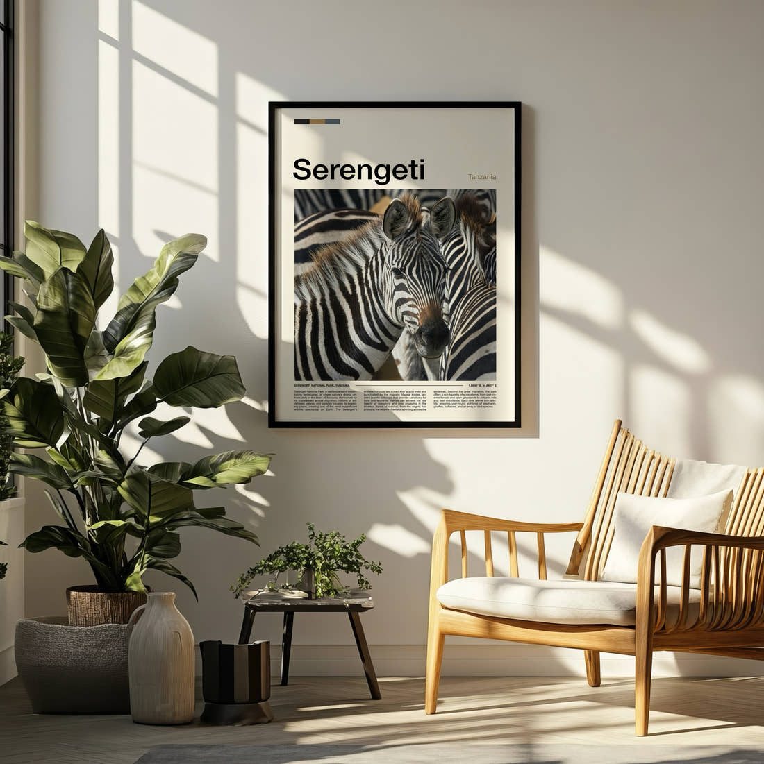 Serengeti Zebras Travel Print framed on a pale wall beside houseplants