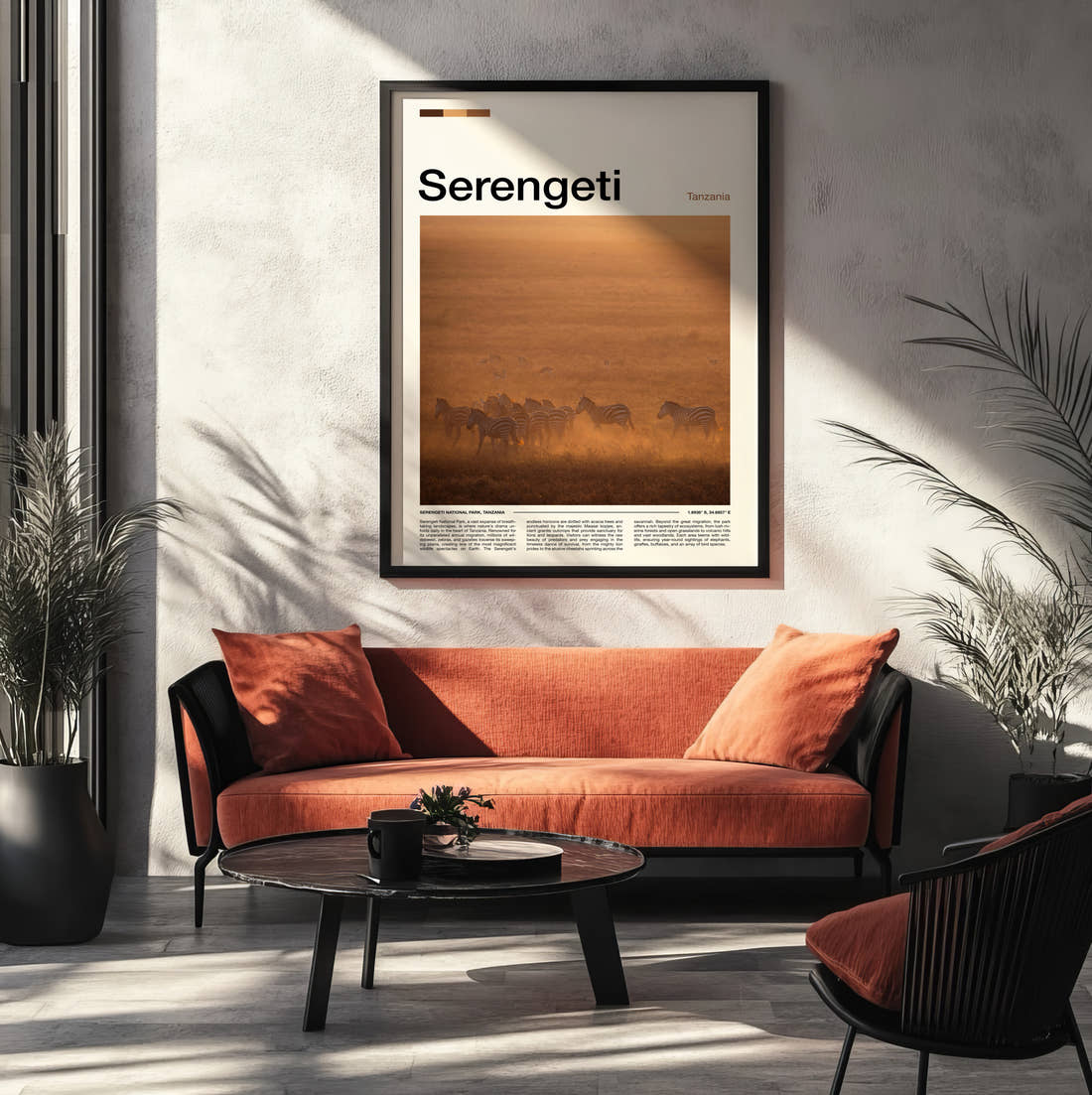 Serengeti Zebras In Dust Travel Print framed on the wall of a modern living room