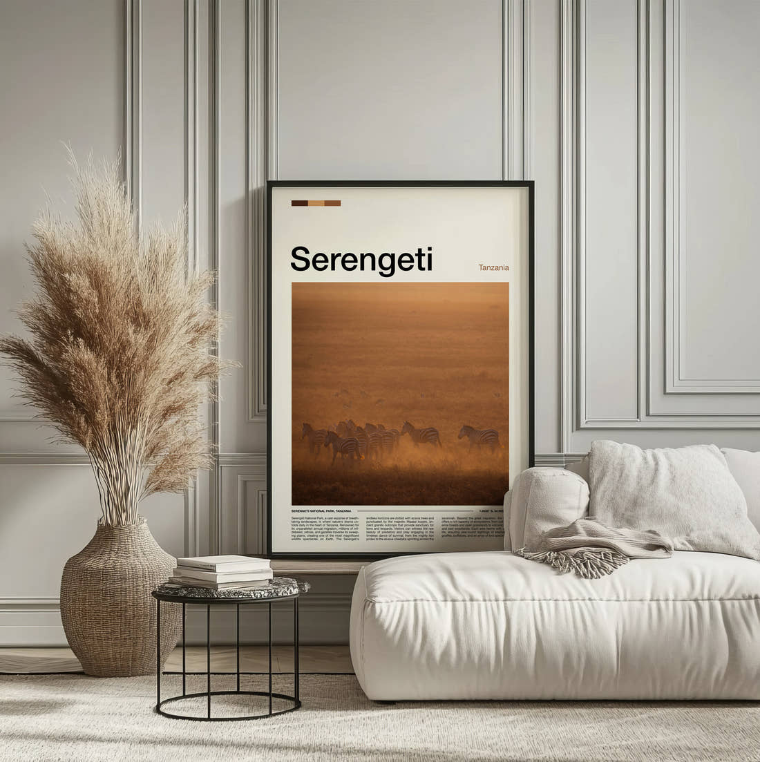 Serengeti Zebras In Dust Travel Print framed on the wall of a calm, neutral bedroom