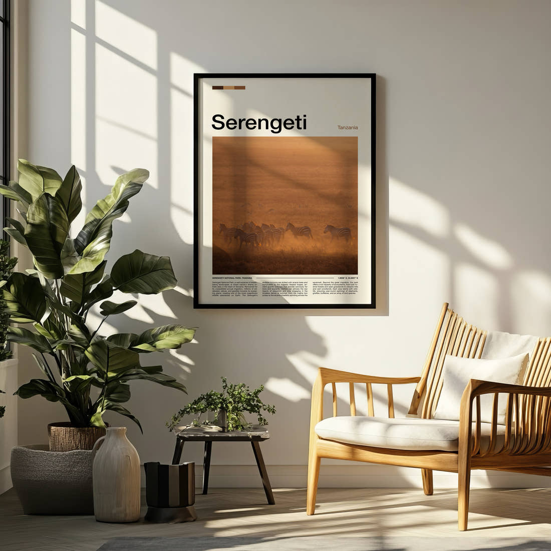 Serengeti Zebras In Dust Travel Print framed on a pale wall beside houseplants
