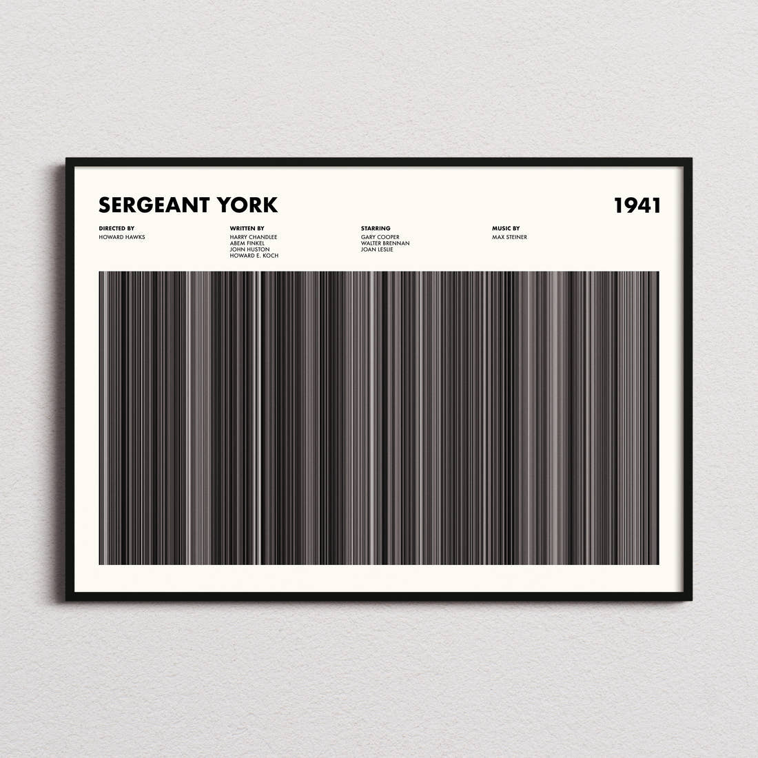 Sergeant York Movie Barcode Poster framed and photographed straight on