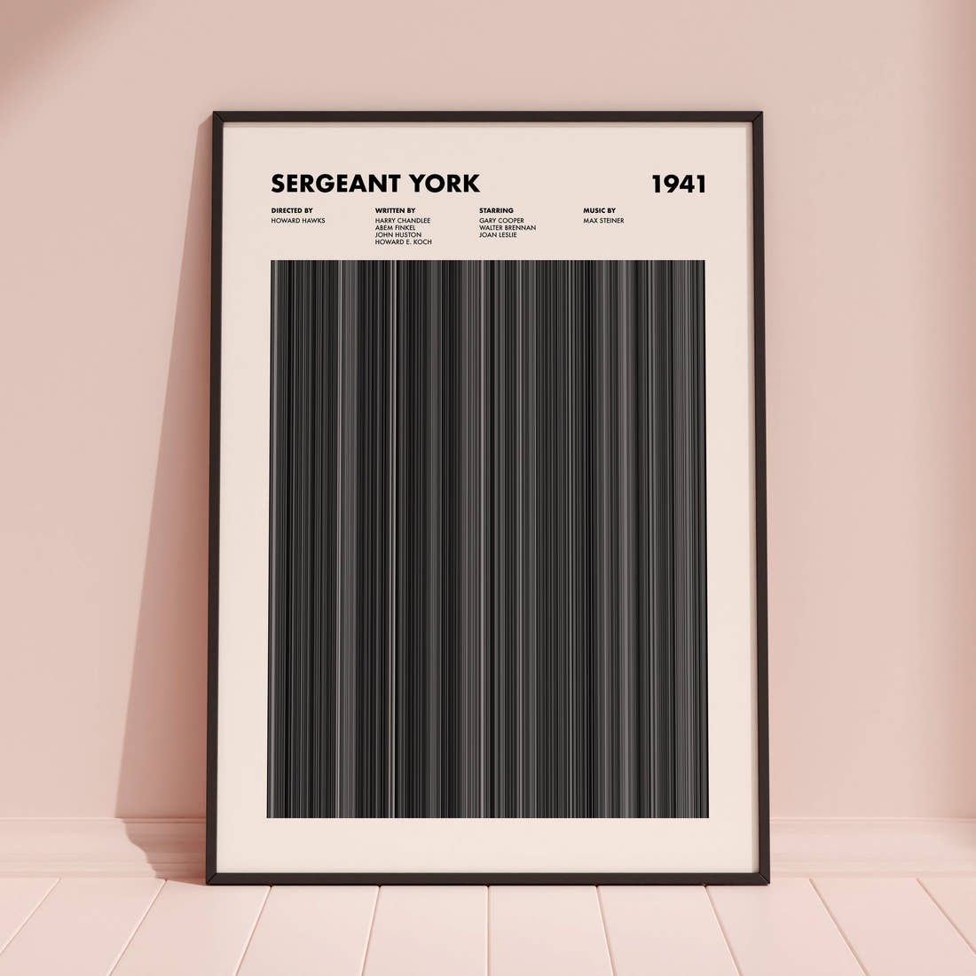 Sergeant York Movie Barcode Poster framed and leaning against a coloured wall