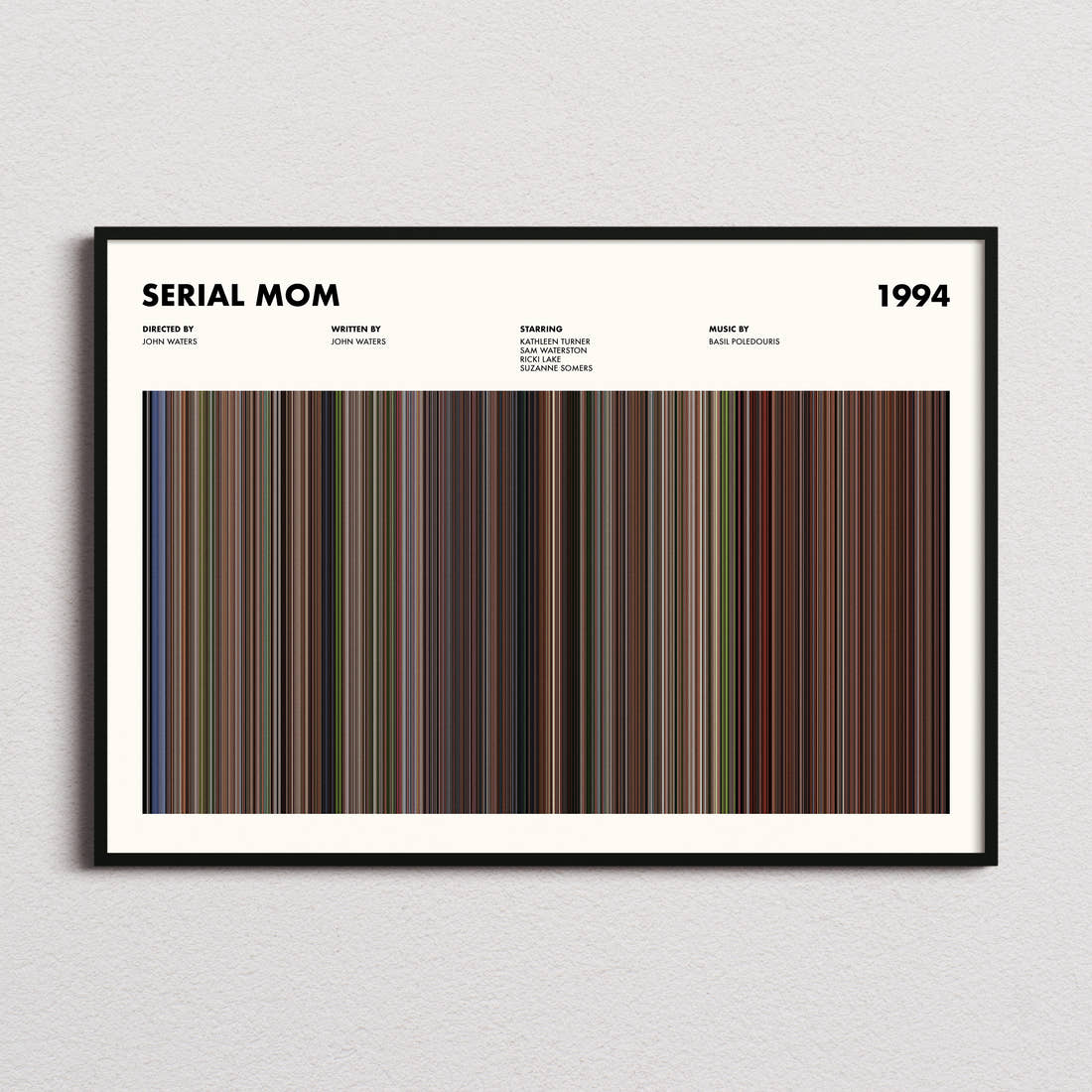 Serial Mom Movie Barcode Poster framed and photographed straight on