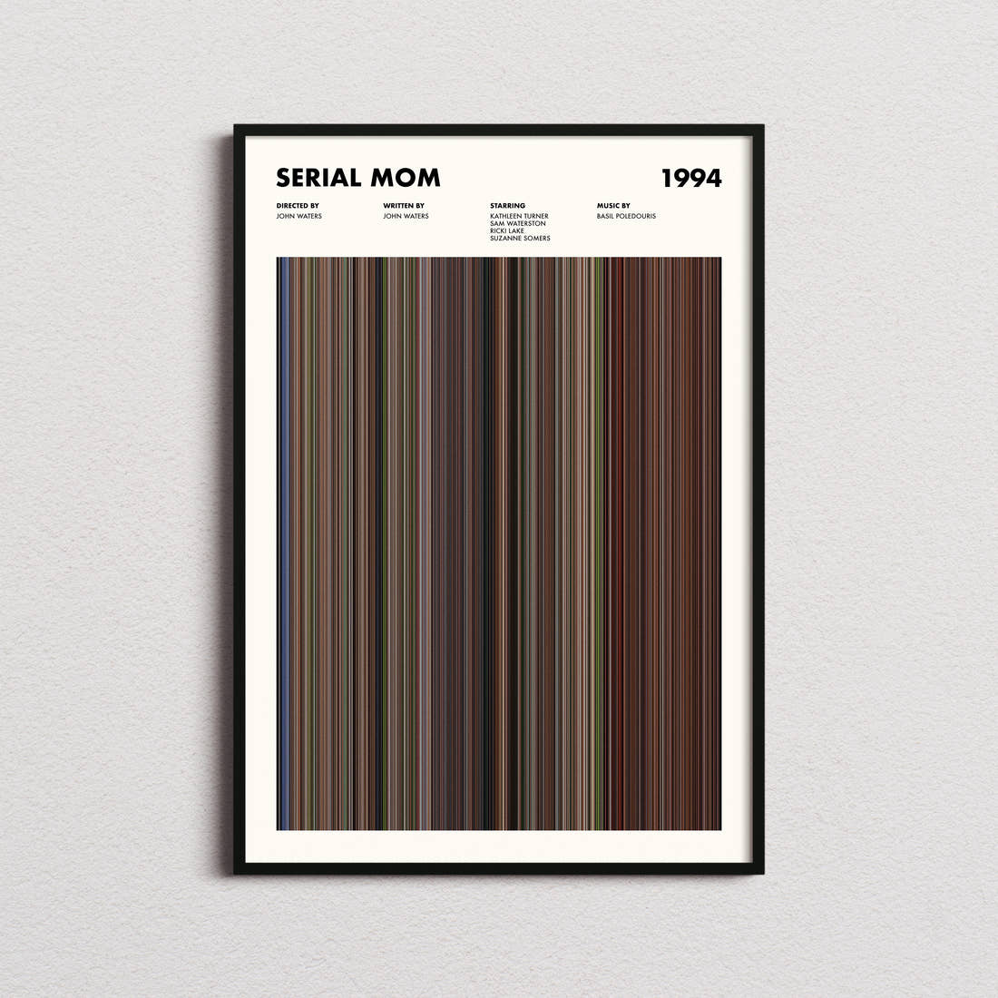Serial Mom Movie Barcode Poster framed on a plain studio wall