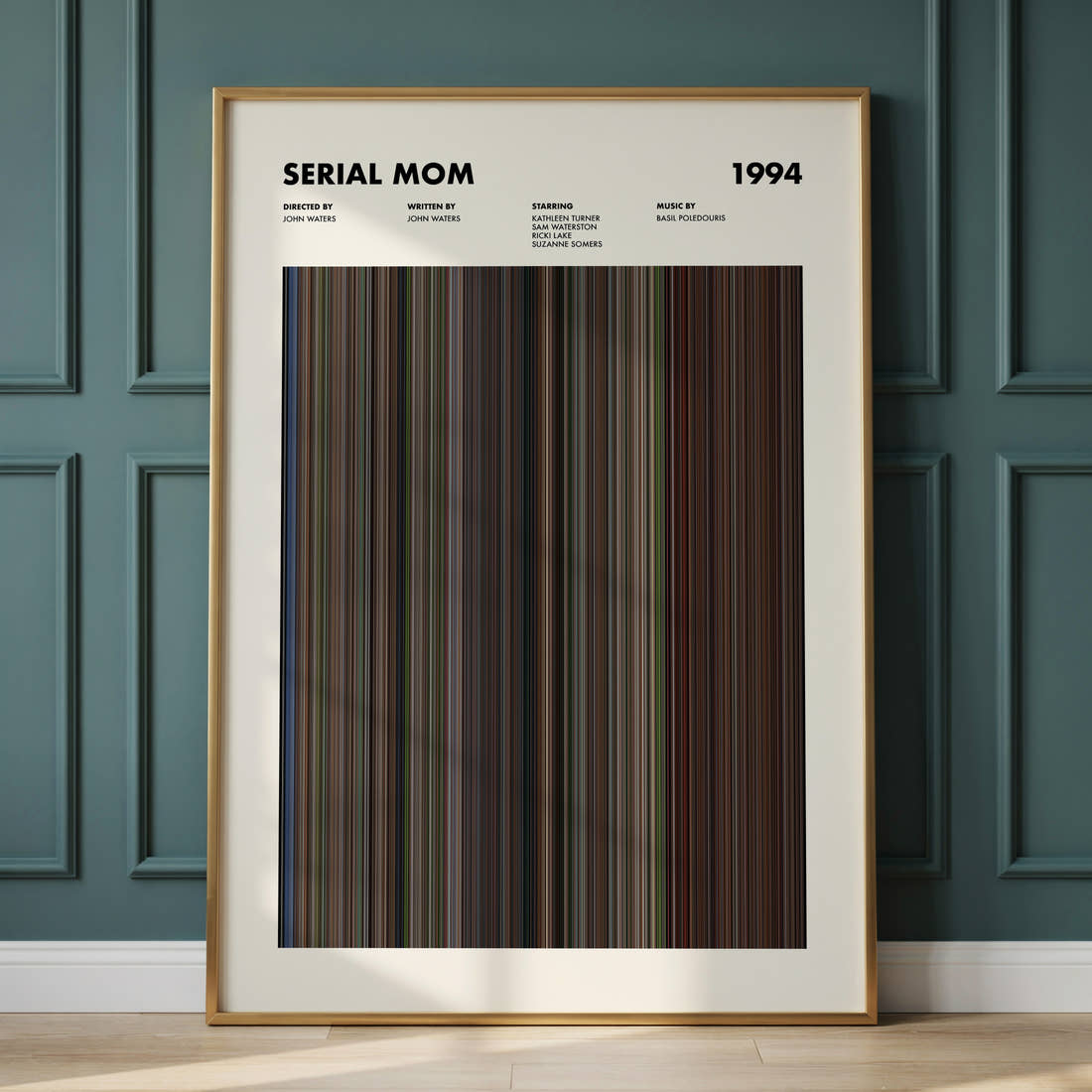 Serial Mom Movie Barcode Poster framed and leaning against a panelled wall