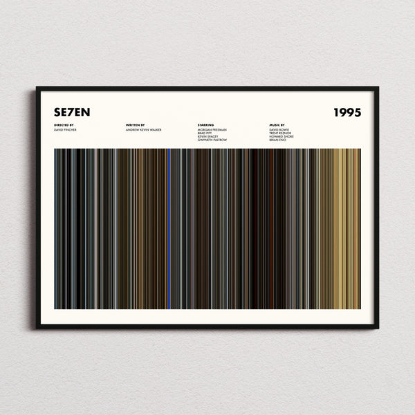 Se7en Movie Barcode Poster framed and photographed straight on
