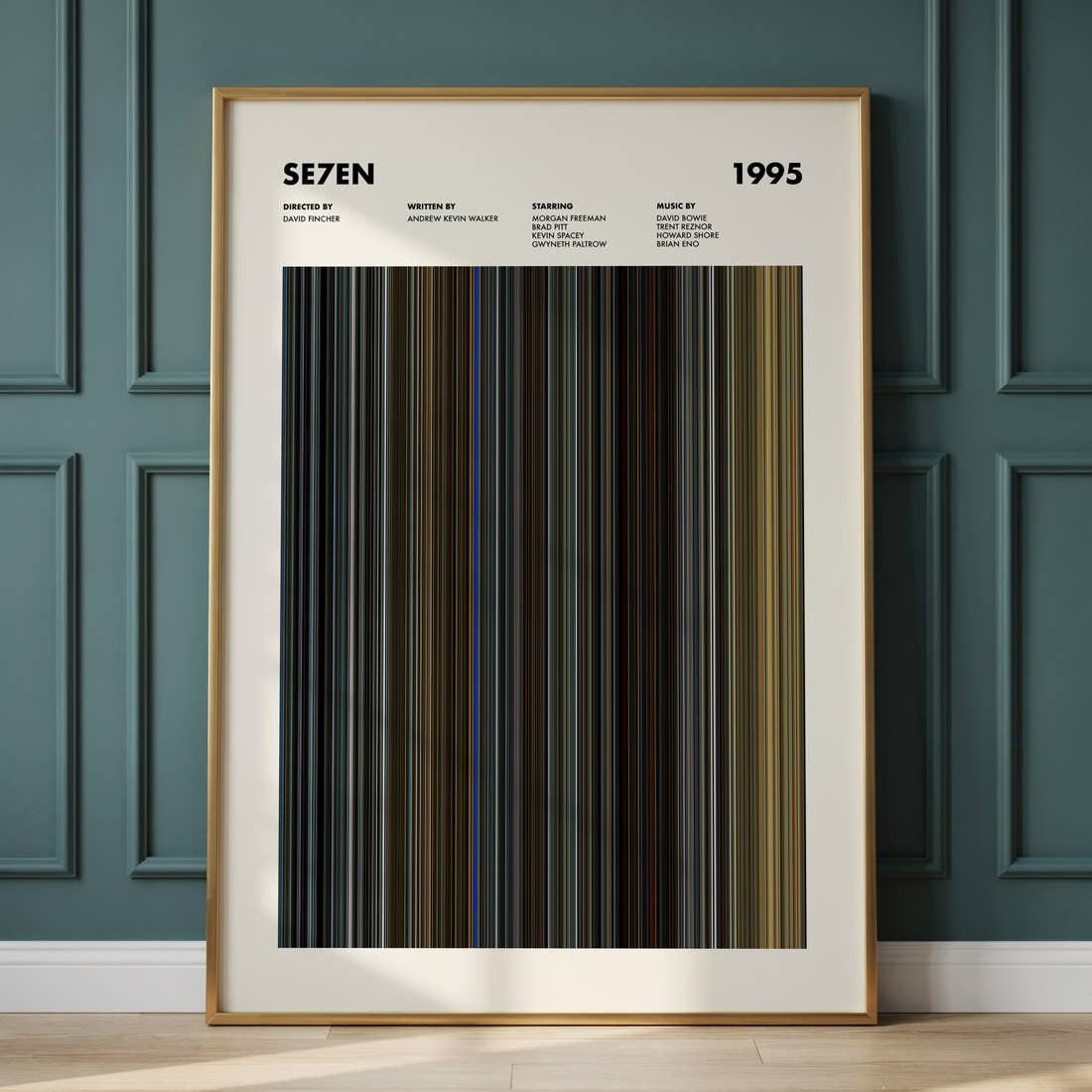Se7en Movie Barcode Poster framed and leaning against a panelled wall