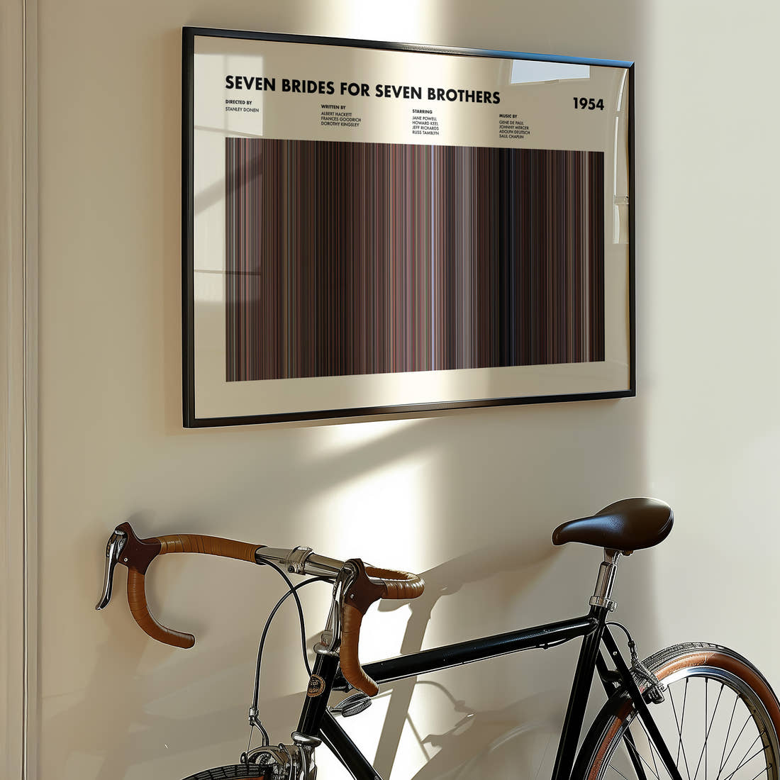 Seven Brides for Seven Brothers Movie Barcode Poster framed on the wall of a styled room setting