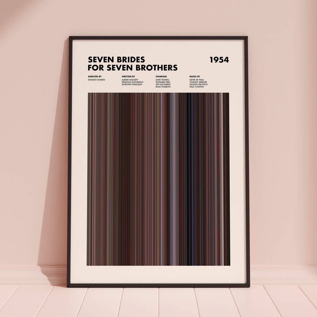 Seven Brides for Seven Brothers Movie Barcode Poster framed and leaning against a coloured wall
