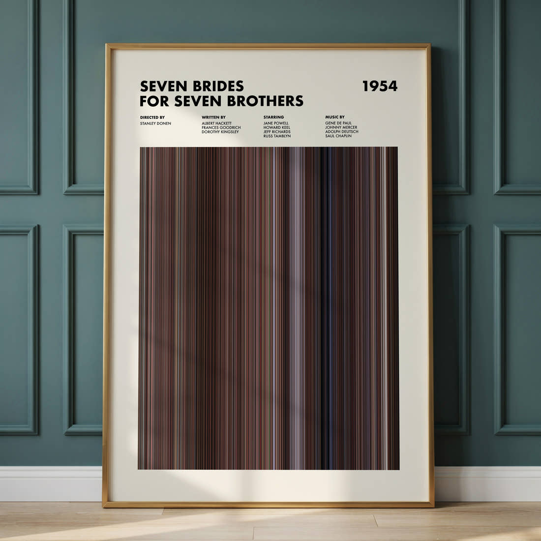Seven Brides for Seven Brothers Movie Barcode Poster framed and leaning against a panelled wall