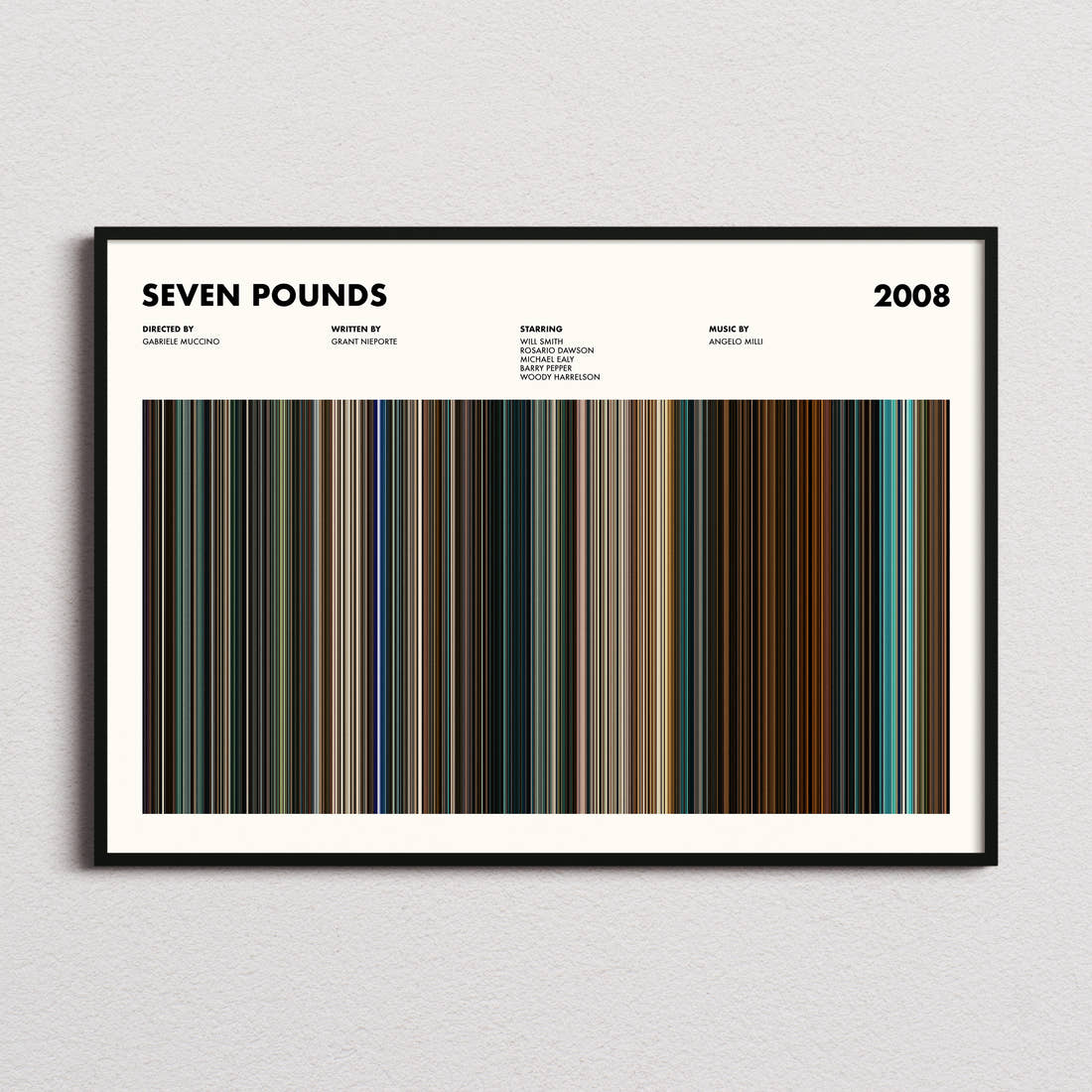 Seven Pounds Movie Barcode Poster framed and photographed straight on