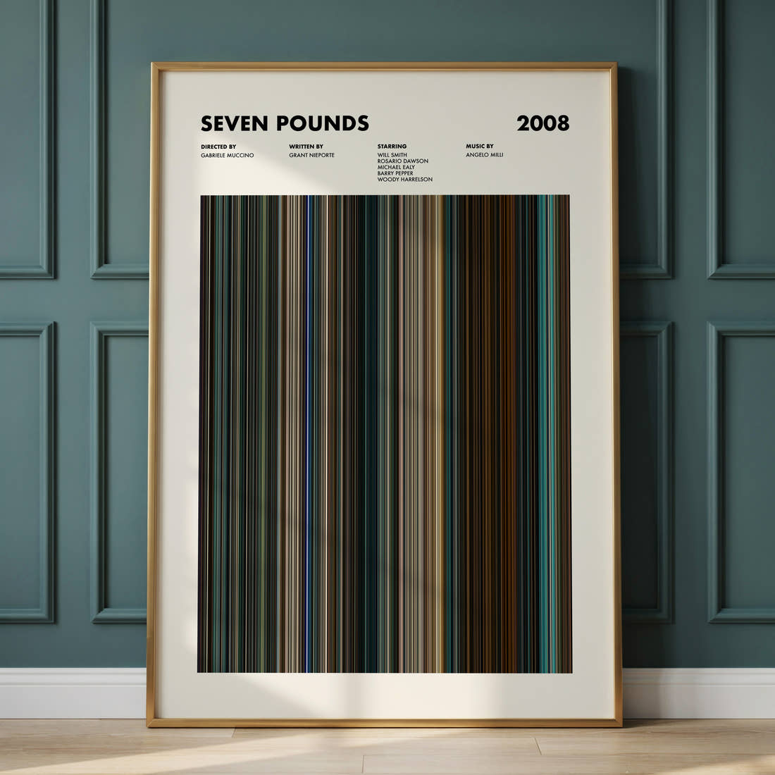 Seven Pounds Movie Barcode Poster framed and leaning against a panelled wall