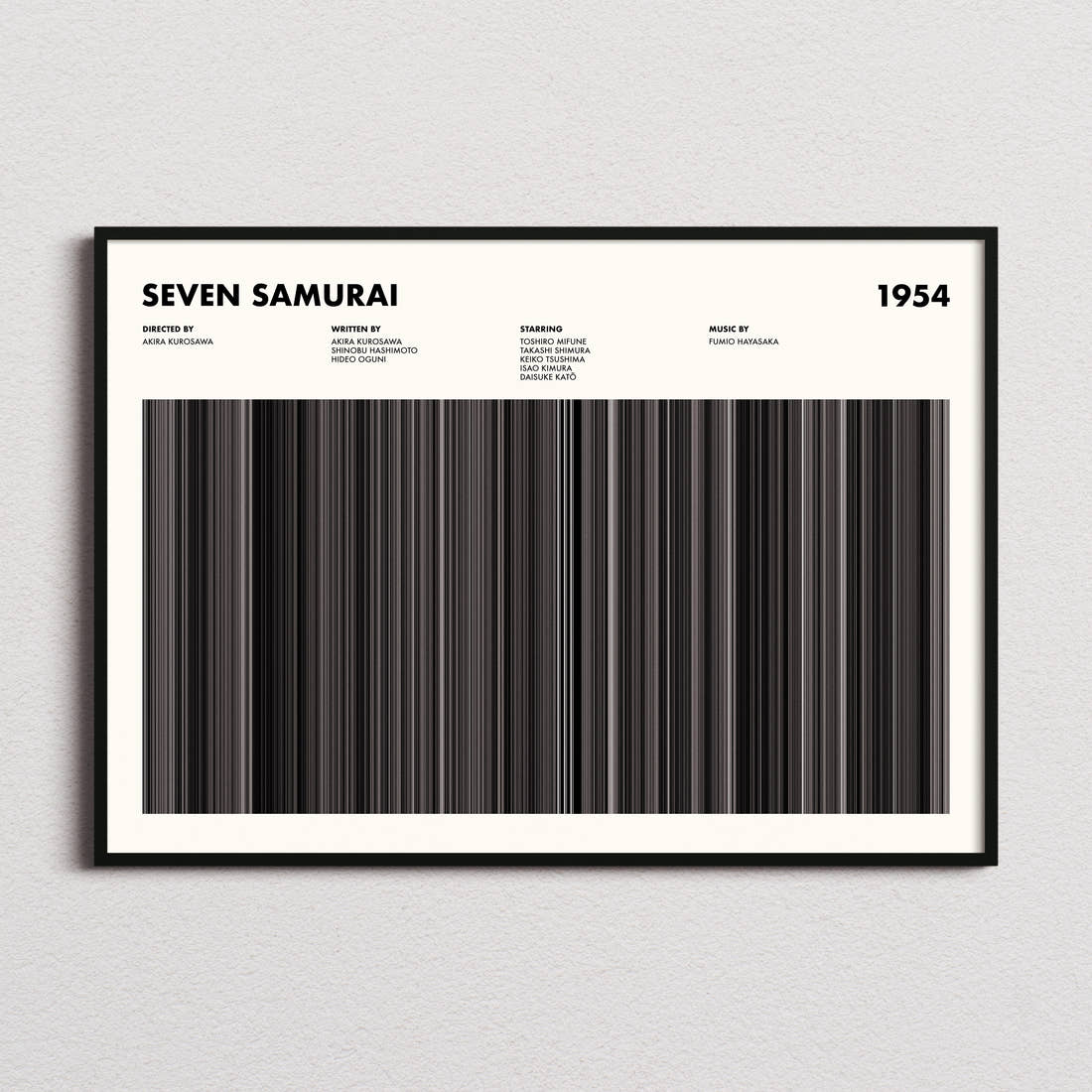Seven Samurai Movie Barcode Poster framed and photographed straight on