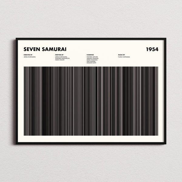 Seven Samurai Movie Barcode Poster framed and photographed straight on