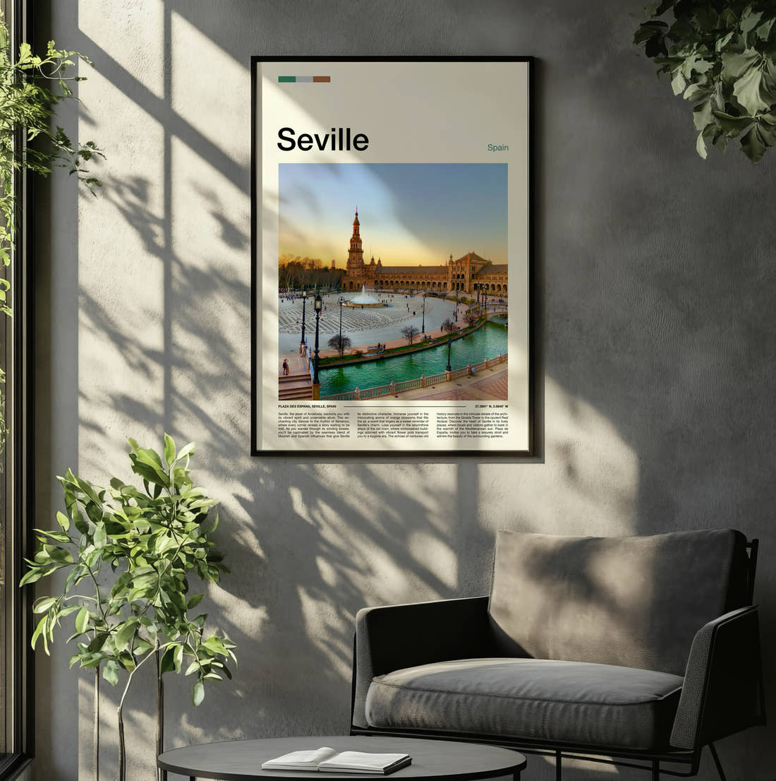 Sevilla Plaza De Espana Travel Print framed on the wall of a relaxed living room