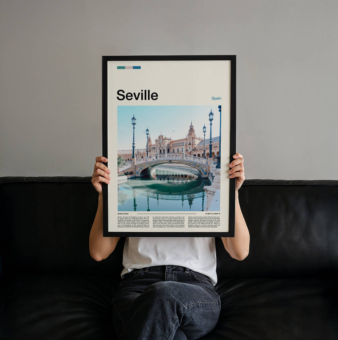 Seville Plaza De Espana Bridge Travel Print held up by hand to show the size of the print