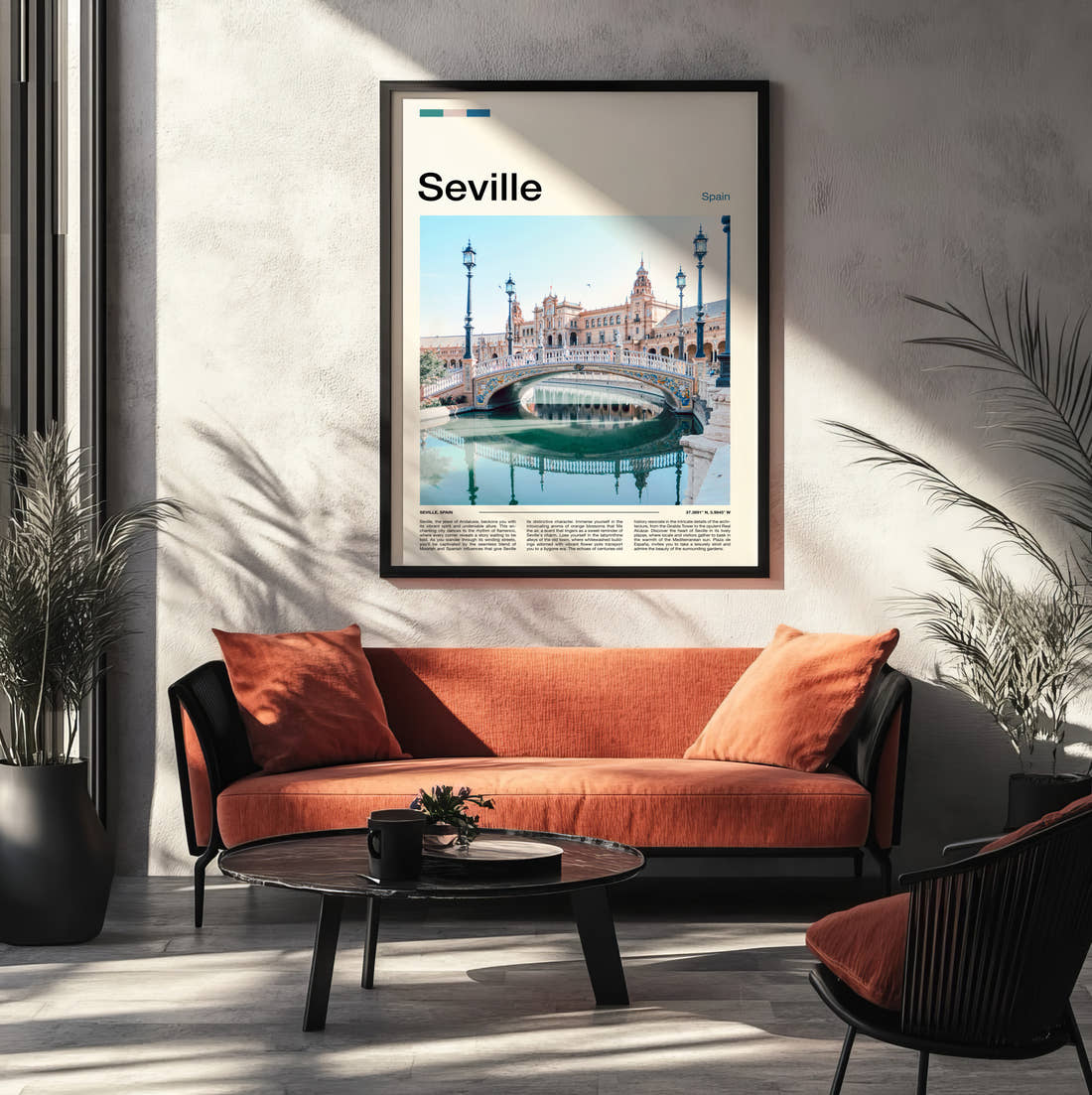 Seville Plaza De Espana Bridge Travel Print framed on the wall of a modern living room