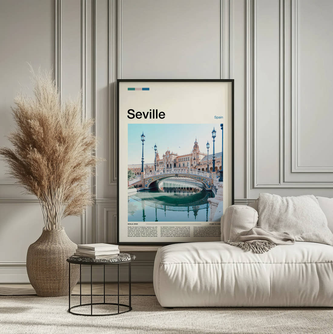 Seville Plaza De Espana Bridge Travel Print framed on the wall of a calm, neutral bedroom
