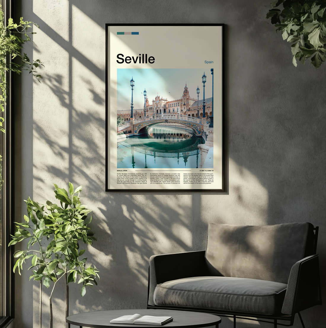 Seville Plaza De Espana Bridge Travel Print framed on the wall of a relaxed living room