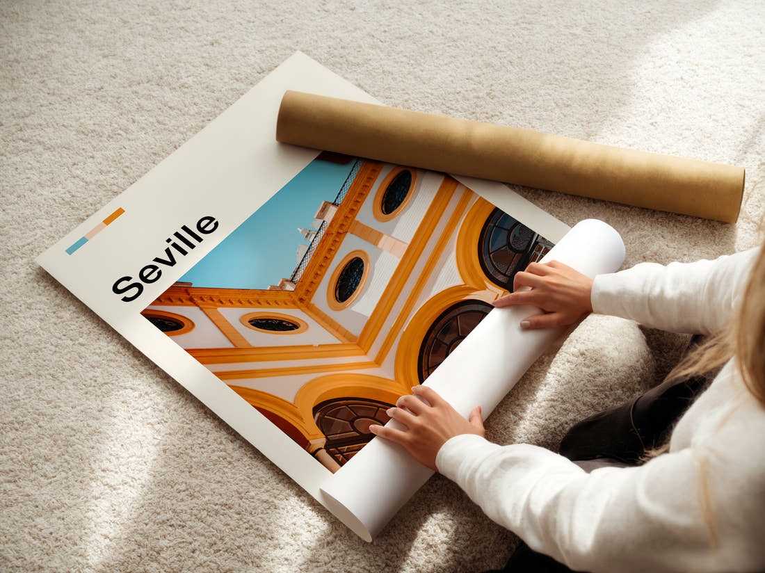Seville Ornate Arched Ceiling Travel Print being unrolled from its postal tube