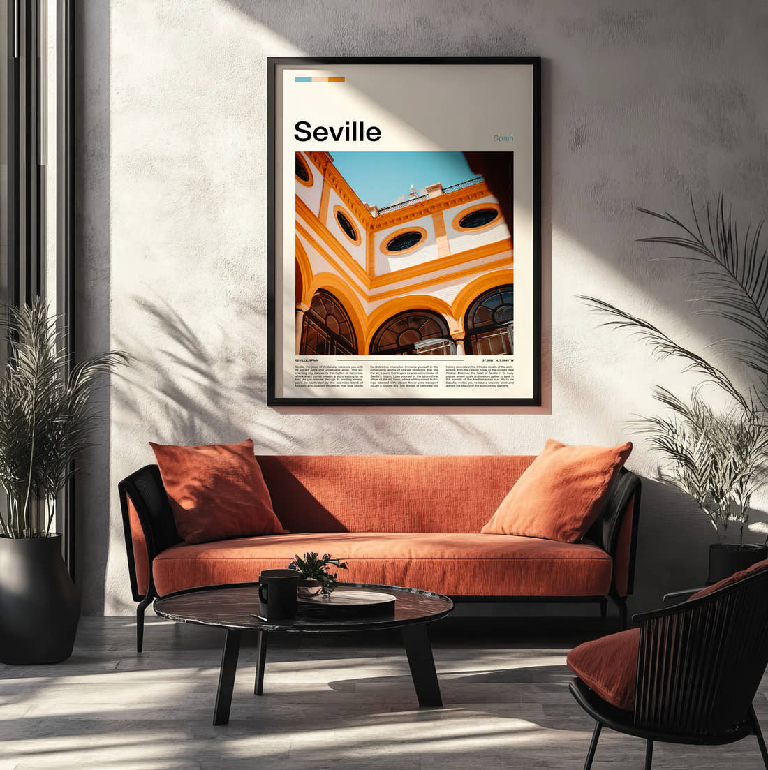 Seville Ornate Arched Ceiling Travel Print framed on the wall of a modern living room