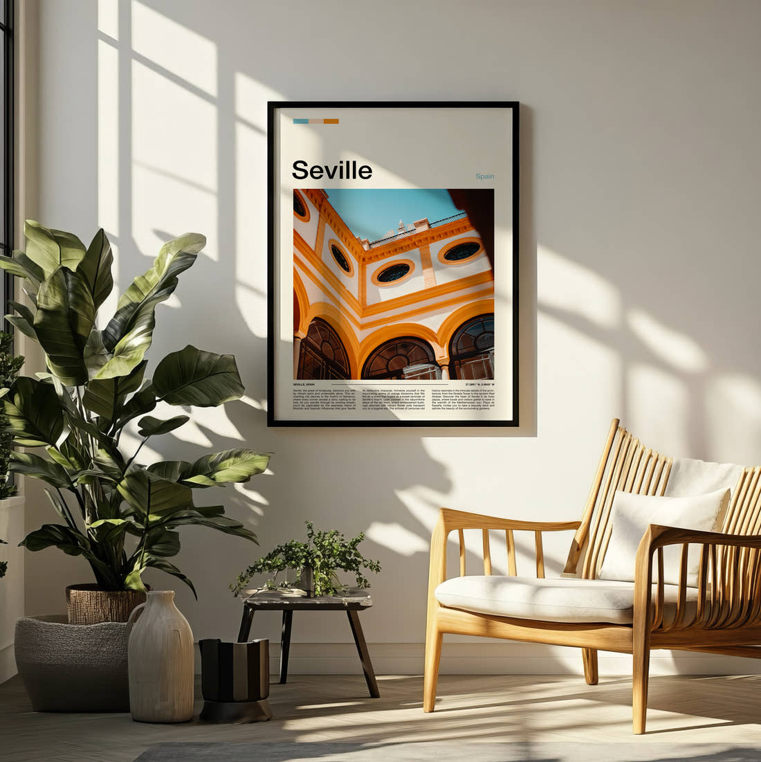 Seville Ornate Arched Ceiling Travel Print framed on a pale wall beside houseplants