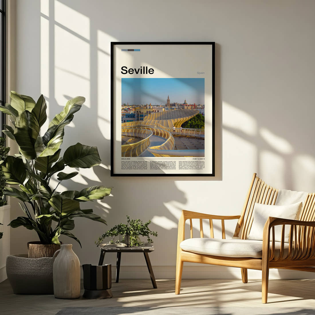 Seville Metropol Parasol Travel Print framed on a pale wall beside houseplants