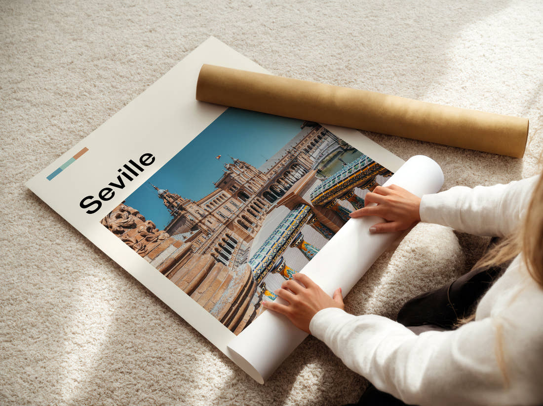 Seville Plaza De Espana Travel Print being unrolled from its postal tube